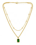 Layered Gold-Tone Chain with Emerald-Green Pendant