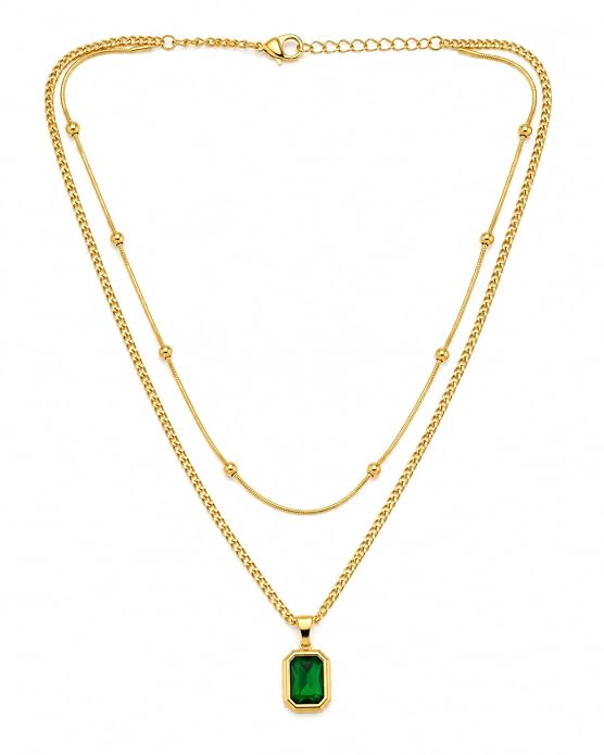 Layered Gold-Tone Chain with Emerald-Green Pendant