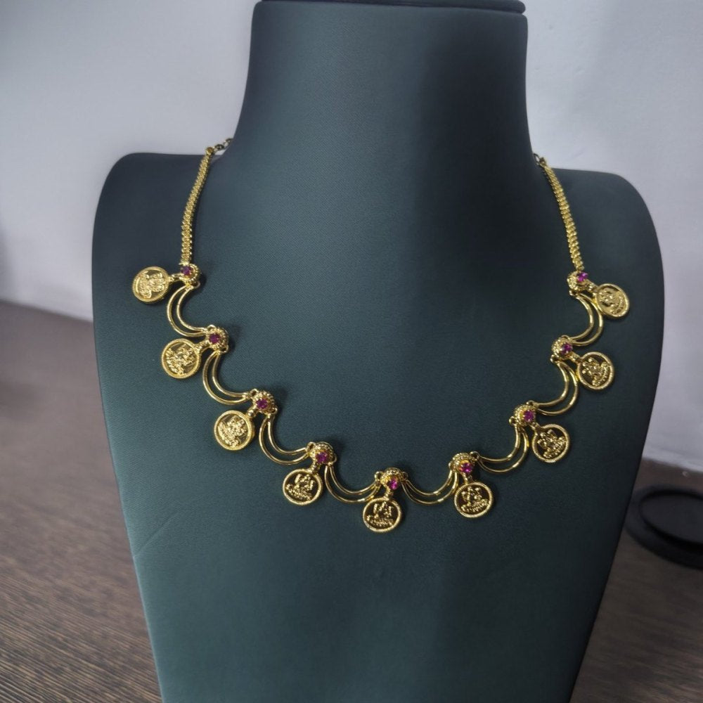 Lakshmi coin short necklace on a necklace stand